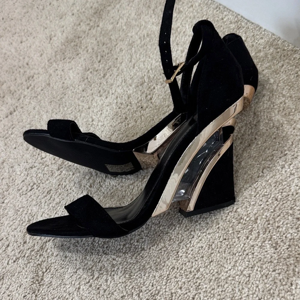 Black Suede Ankle-Strap Block Heel Sandals